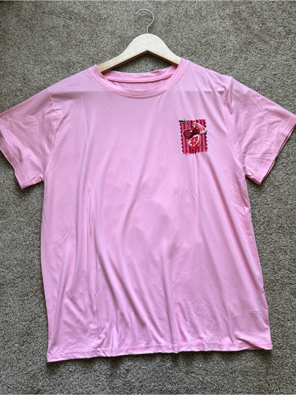 Pink Short-Sleeve Graphic Women's Blouse with Cherry Motif